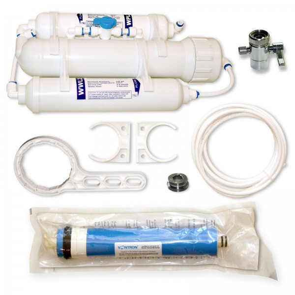 3-stage reverse osmosis filter 100 GPD for aquarium, small with flush valve