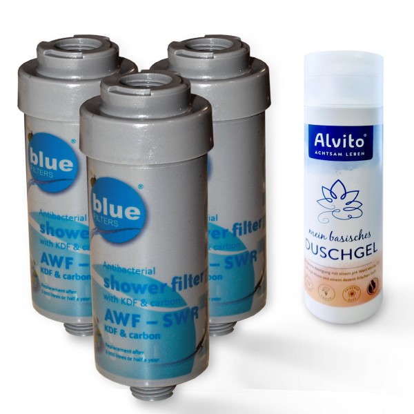 3x Duschfilter Bluefilter, Wasserfilter gegen Kalk und andere Stoffe plus Alvito Duschgel